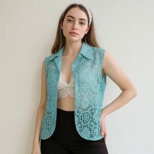 Vintage 1960s Mod Robin Egg Blue Lace Open Boho Cottagecore Vest M